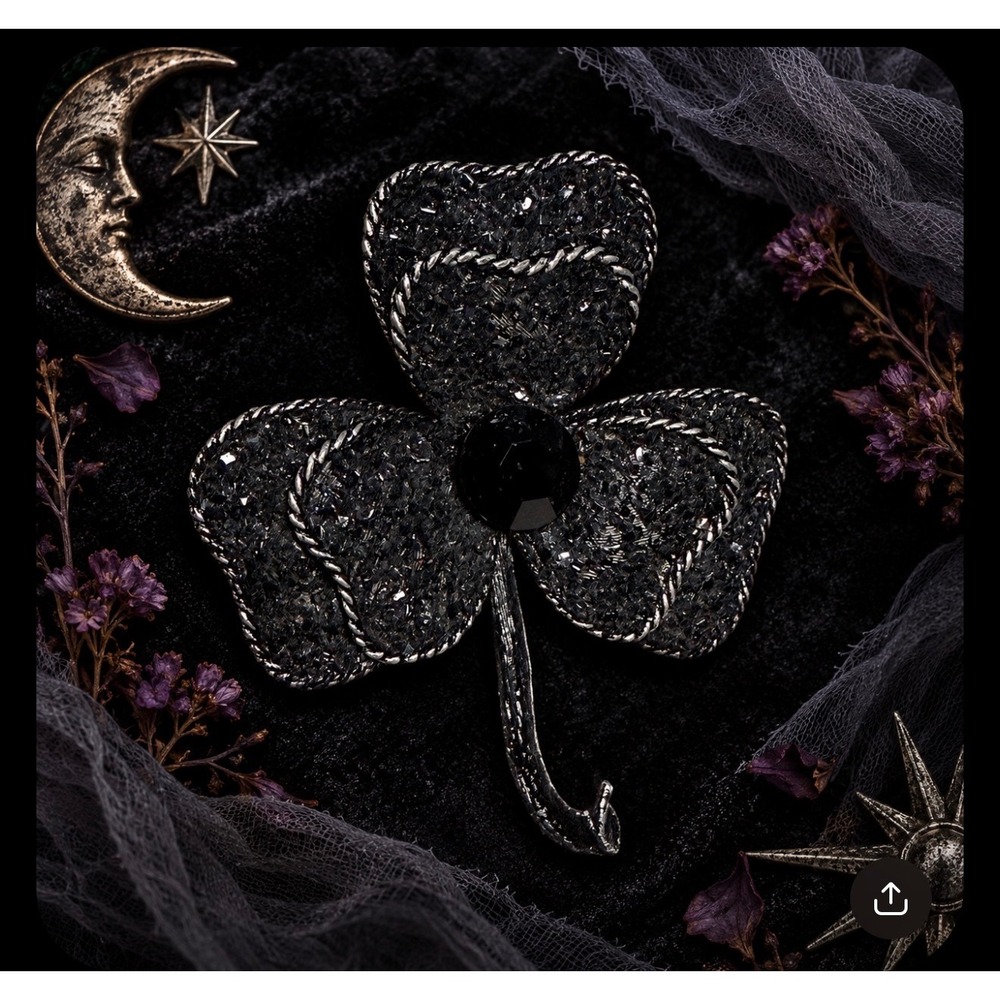 Vintage Black Textured Shamrock Brooch Three Leaf Clover Pin with Black Stone